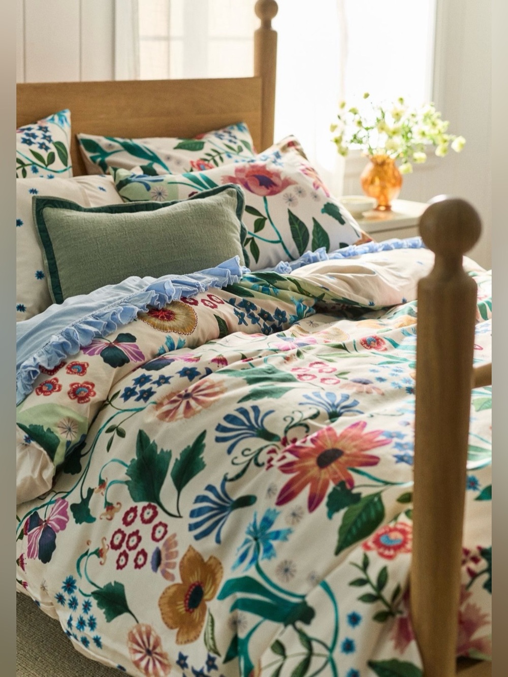 Anthropologie Cream Duvet Cover with Multicolor Floral Print